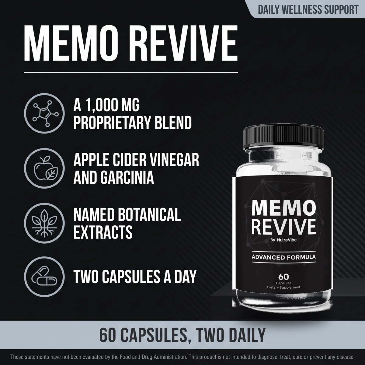 Memo Revive daily wellness support - a 1,000 mg proprietary blend, 60 capsules, two daily
