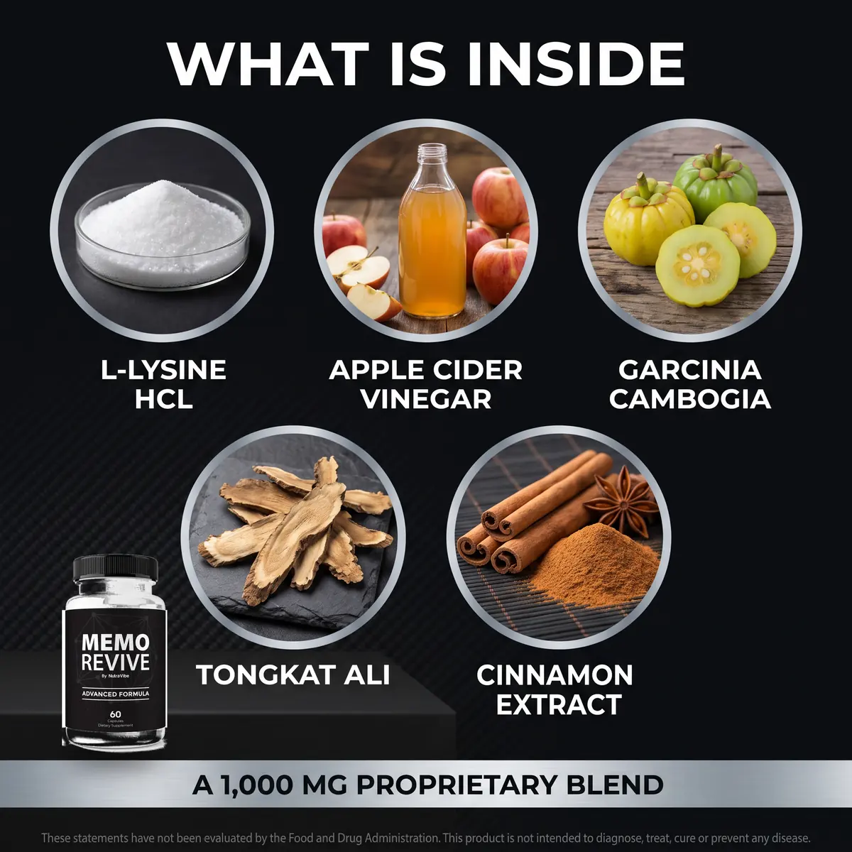 What is inside Memo Revive: L-Lysine HCl, apple cider vinegar, Garcinia Cambogia, Tongkat Ali and cinnamon extract