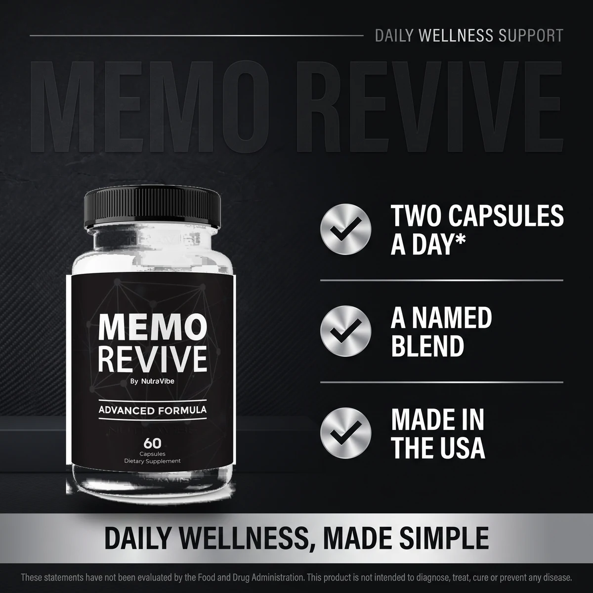 Why Memo Revive: two capsules a day, a named blend, made in the USA